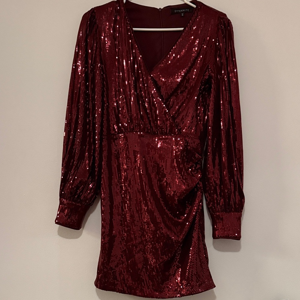 Dynamite Deep Red Sequin Long Sleeve Dress